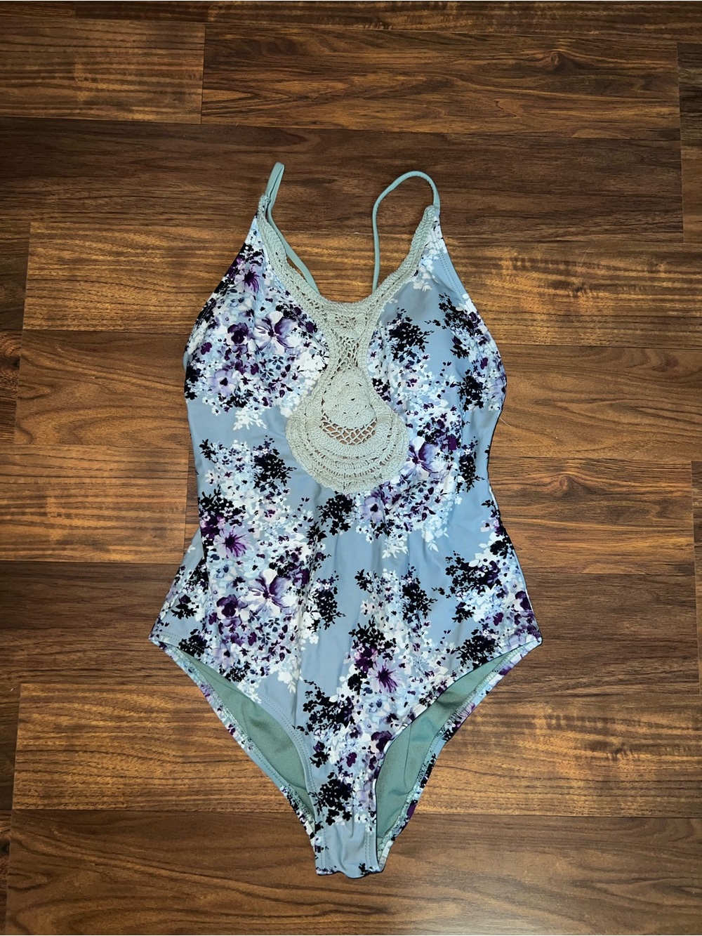 Rue21 Green Lined Floral Swim Top with Crochet Trim Size Medium